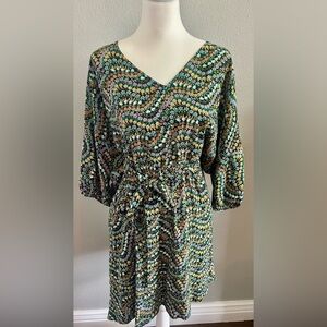 Loft Bright Garden Print Light-Weight Long Sleeve Dress with Belt  Size Large